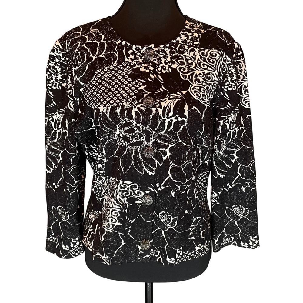 St John Collection Black White Floral Jacquard Evening Knit Jacket Blazer Sz M